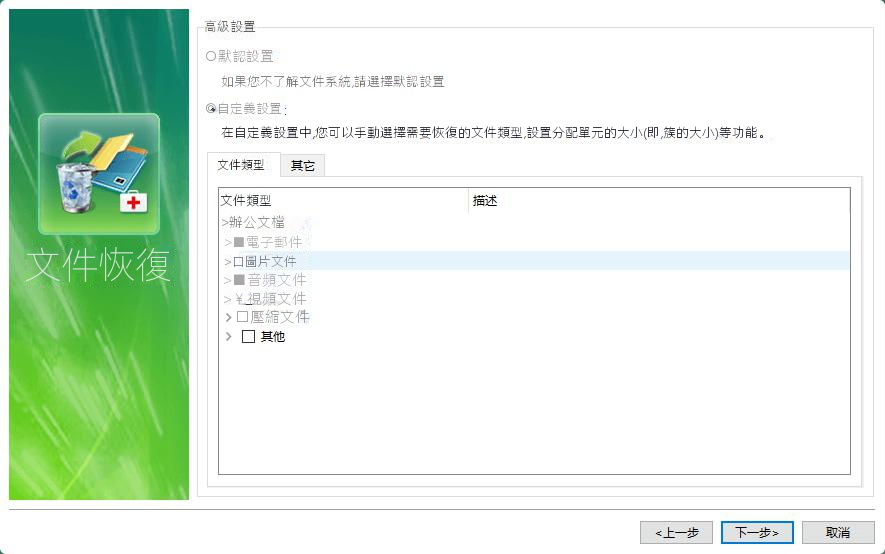 選擇要恢復的檔案類別型