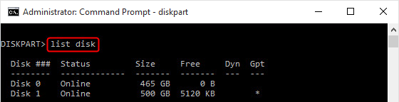 在 diskpart 中輸入 list disk 以初始化磁碟