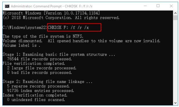 CHKDSK F: /f /r /x