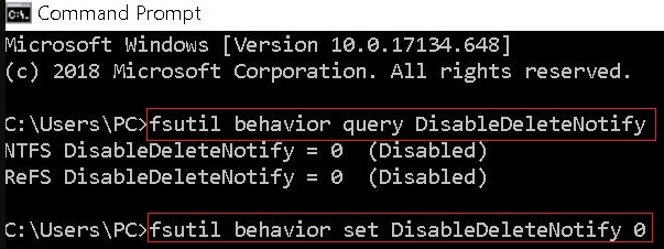 顯示 fsutil behavior query DisableDeleteNotify 匯出的命令提示字元視窗,結果為 0 表示已啟用 TRIM。