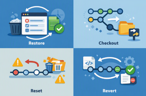 git restore、checkout、reset、revert 差別示意圖
