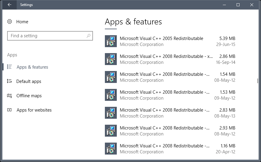 應用程式及功能、Microsoft Visual C++ Redistributable