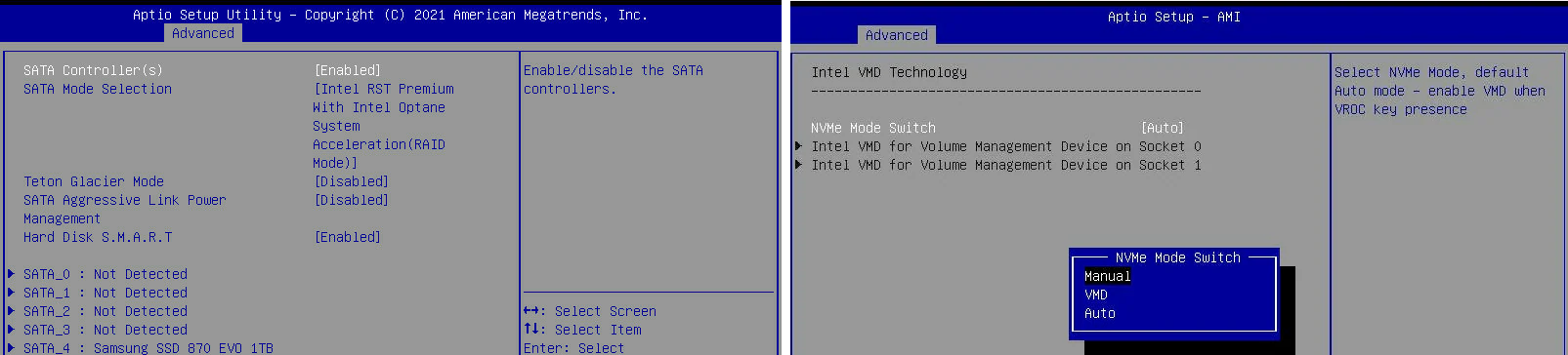 在 BIOS 中切換 Intel VMD 或 RST 模式