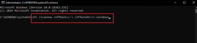 輸入命令 [sfc /scannow /offboot=c:\ /offwindir=c:\windows]