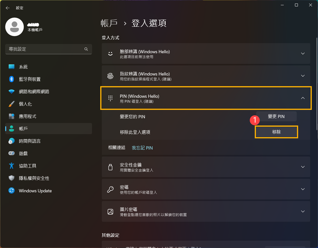 Windows 11 移除 Hello PIN 碼設定畫面