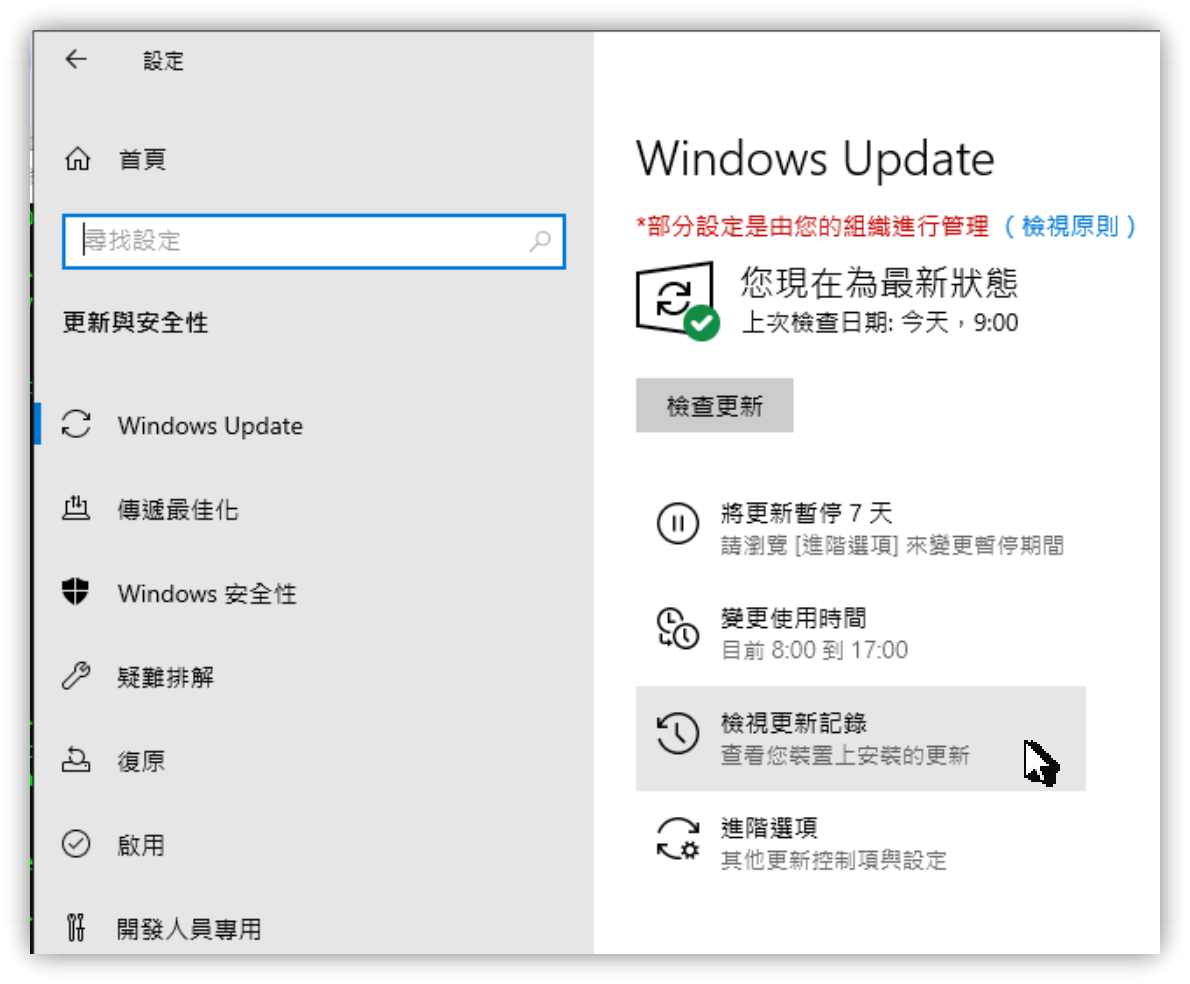 檢視 Windows 更新記錄